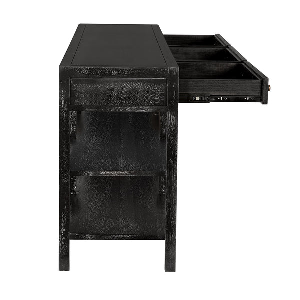 Grace Entryway Console Table with Walnut Finish Open Shelves and Brass Hardware