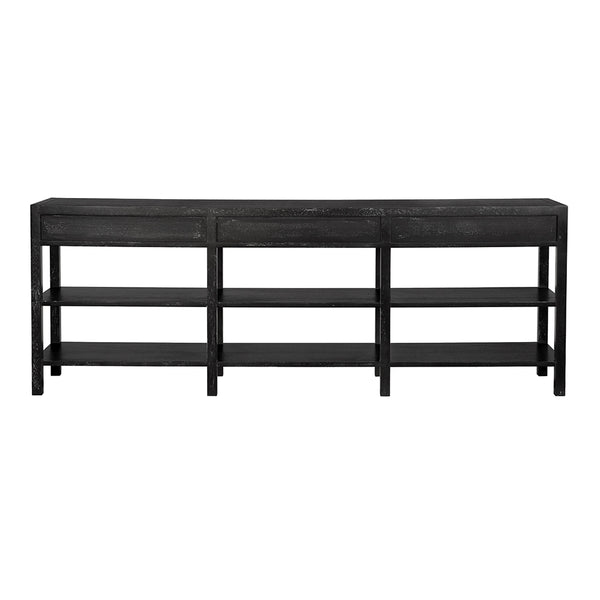 Grace Entryway Console Table with Walnut Finish Open Shelves and Brass Hardware