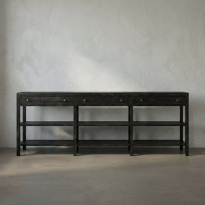 Grace Entryway Console Table with Walnut Finish Open Shelves and Brass Hardware