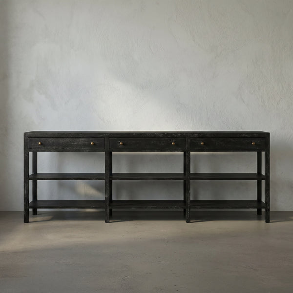 Grace Entryway Console Table with Walnut Finish Open Shelves and Brass Hardware