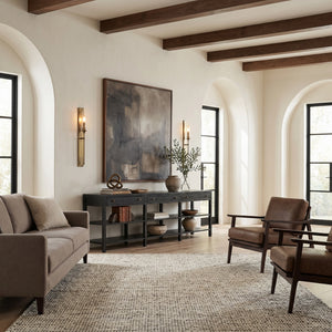 Grace Entryway Console Table with Walnut Finish Open Shelves and Brass Hardware