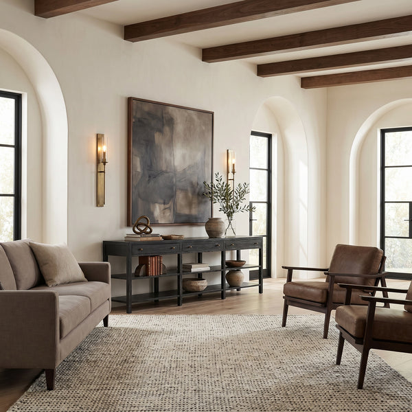 Grace Entryway Console Table with Walnut Finish Open Shelves and Brass Hardware