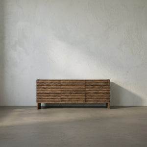 Gauss Credenza Sideboard with Marble Top Fluted Drawers and Sculptural Slab Legs for Dining Room