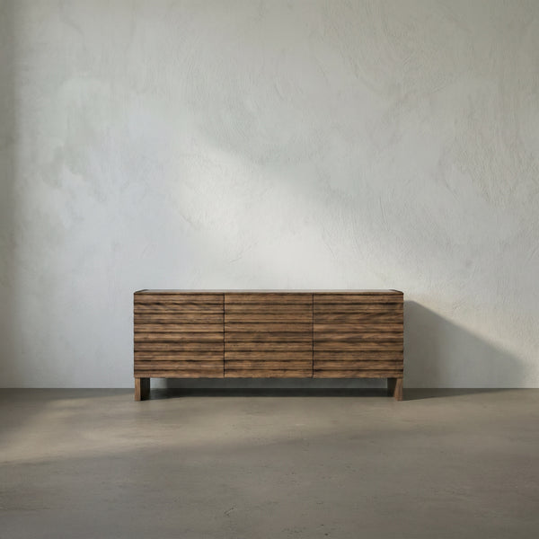 Gauss Credenza Sideboard with Marble Top Fluted Drawers and Sculptural Slab Legs for Dining Room