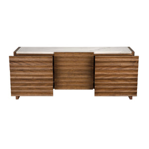 Gauss Credenza Sideboard with Marble Top Fluted Drawers and Sculptural Slab Legs for Dining Room