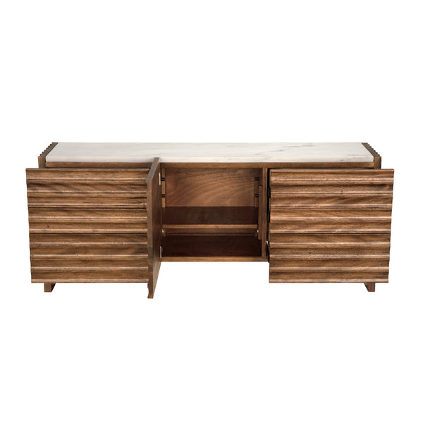 Gauss Credenza Sideboard with Marble Top Fluted Drawers and Sculptural Slab Legs for Dining Room
