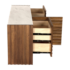 Gauss Credenza Sideboard with Marble Top Fluted Drawers and Sculptural Slab Legs for Dining Room