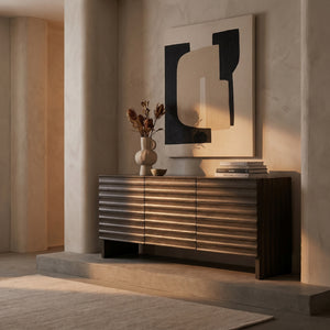 Gauss Credenza Sideboard with Marble Top Fluted Drawers and Sculptural Slab Legs for Dining Room