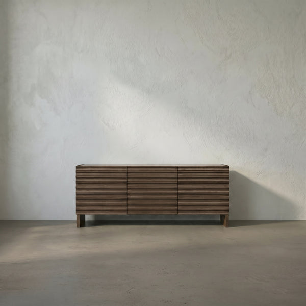 Gauss Credenza Sideboard with Marble Top Fluted Drawers and Sculptural Slab Legs for Dining Room