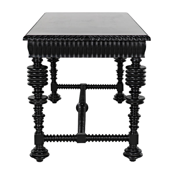 Portuguese Mahogany Writing Desk with Brass Pulls and Carved Detail for Study or Home Office