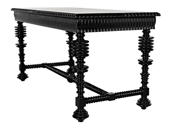 Portuguese Mahogany Writing Desk with Brass Pulls and Carved Detail for Study or Home Office