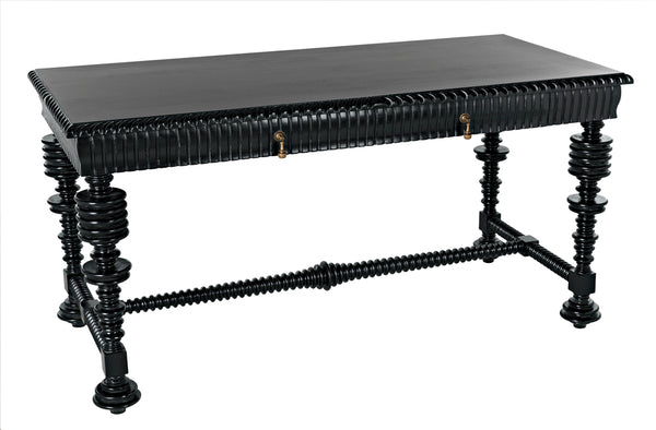 Portuguese Mahogany Writing Desk with Brass Pulls and Carved Detail for Study or Home Office
