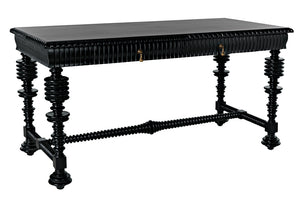 Portuguese Mahogany Writing Desk with Brass Pulls and Carved Detail for Study or Home Office