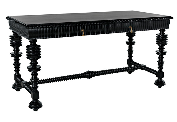 Portuguese Mahogany Writing Desk with Brass Pulls and Carved Detail for Study or Home Office
