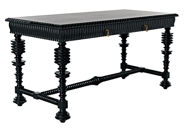 Portuguese Mahogany Writing Desk with Brass Pulls and Carved Detail for Study or Home Office