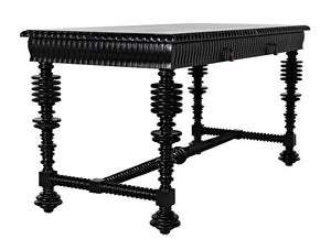 Portuguese Mahogany Writing Desk with Brass Pulls and Carved Detail for Study or Home Office