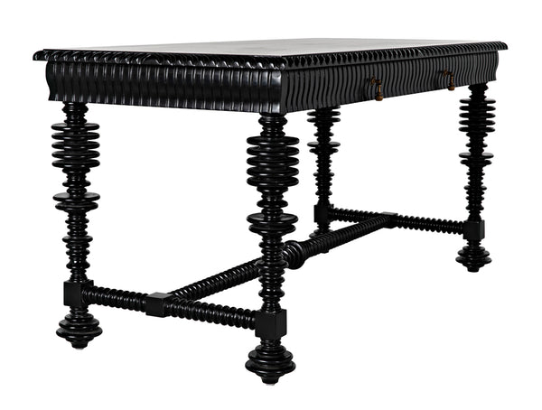 Portuguese Mahogany Writing Desk with Brass Pulls and Carved Detail for Study or Home Office