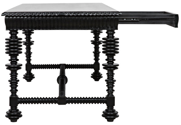 Portuguese Mahogany Writing Desk with Carved Apron Spool Legs and Antique Brass Pull Drawers