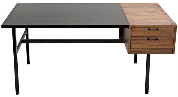 Noir Algeron Desk with Black Iron Frame - Stylish Walnut Surface & Practical Storage for Modern Workspaces GDES144MTB