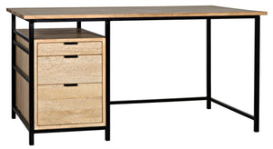 Noir Nabucco Desk - Elegant Bleached Walnut & Iron Study Desk with 3 Drawers for Modern Home Office GDES164BW