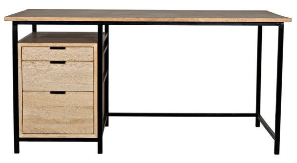 Noir Nabucco Desk - Elegant Bleached Walnut & Iron Study Desk with 3 Drawers for Modern Home Office GDES164BW