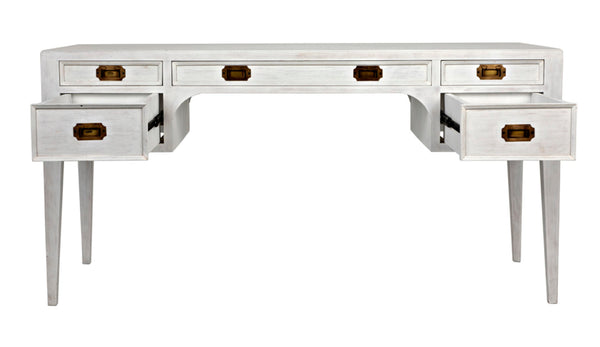 Noir Africa Desk - Elegant Colonial Design with Solid Mahogany, Brass Hardware for Timeless Home Office Style White Wash GDES174WH