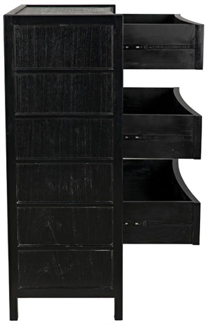 Noir Hampton Tall Boy Dresser - Elegant Mahogany with Brass Hardware for Sophisticated Bedroom Storage Hand Rubbed Black GDRE118HB