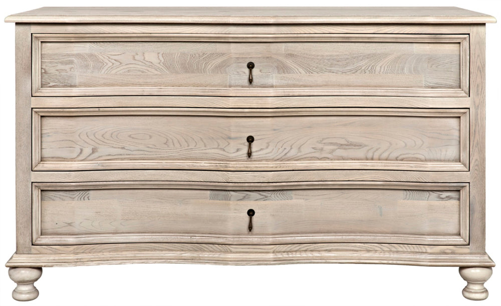 Noir Curved 3 Drawer Chest in Vintage Gray - Handcrafted Solid Elm with Elegant Metal Accents & Storage GDRE146VGR