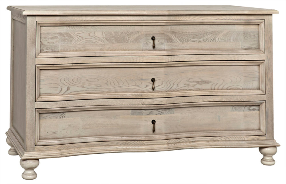 Noir Curved 3 Drawer Chest in Vintage Gray - Handcrafted Solid Elm with Elegant Metal Accents & Storage GDRE146VGR