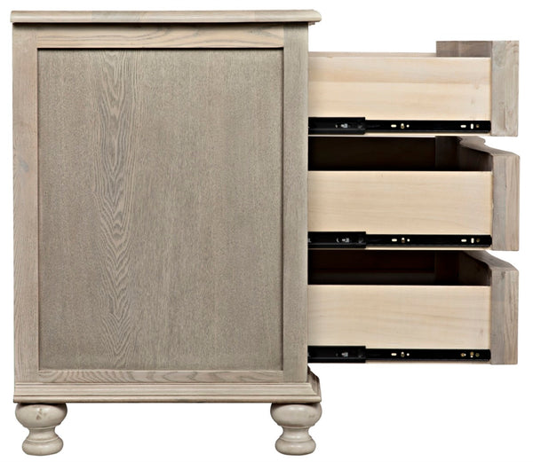 Noir Curved 3 Drawer Chest in Vintage Gray - Handcrafted Solid Elm with Elegant Metal Accents & Storage GDRE146VGR
