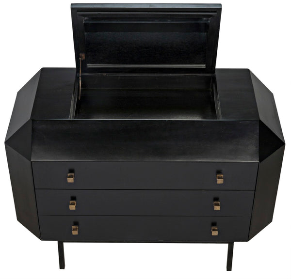 Noir Rhiana Dresser - Vintage-Inspired Black Mahogany Storage with Hidden Mirror & Elegant Design Details GDRE224HB