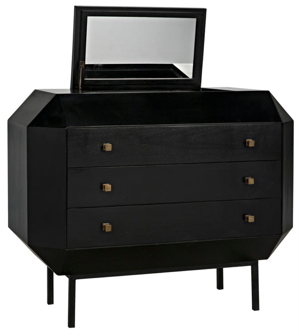 Noir Rhiana Dresser - Vintage-Inspired Black Mahogany Storage with Hidden Mirror & Elegant Design Details GDRE224HB