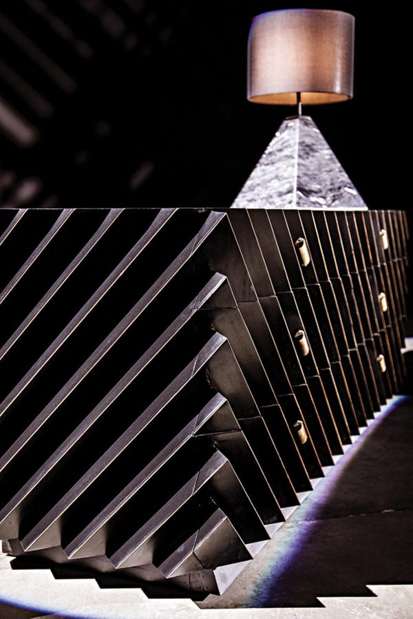 Noir Hikaru Dresser - Artisan-Crafted Six-Drawer Storage with Dynamic Texture and Polished Brass Pulls Hand Rubbed Black GDRE247HB