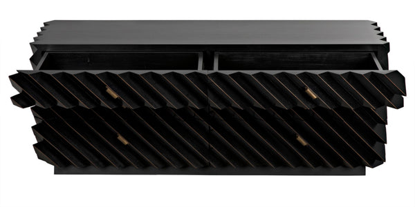 Noir Hikaru Dresser - Artisan-Crafted Six-Drawer Storage with Dynamic Texture and Polished Brass Pulls Hand Rubbed Black GDRE247HB