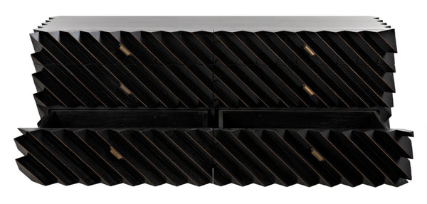 Noir Hikaru Dresser - Artisan-Crafted Six-Drawer Storage with Dynamic Texture and Polished Brass Pulls Hand Rubbed Black GDRE247HB