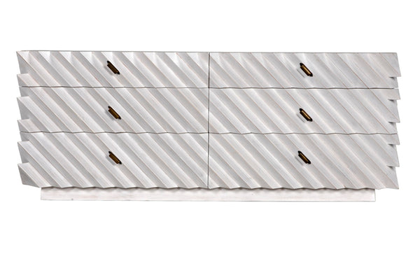 Noir Hikaru Dresser - Artisan-Crafted Six-Drawer Storage with Dynamic Texture and Polished Brass Pulls White Wash GDRE247WH