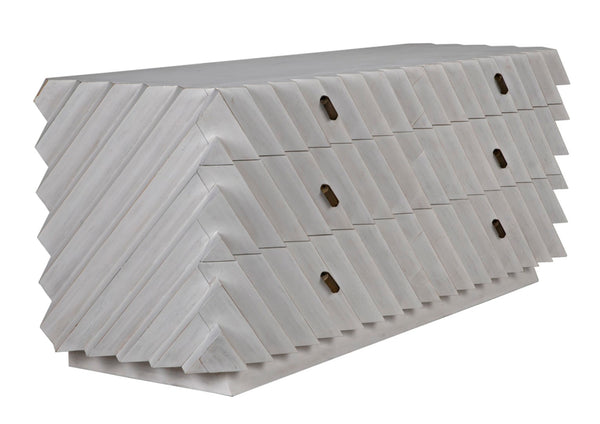 Noir Hikaru Dresser - Artisan-Crafted Six-Drawer Storage with Dynamic Texture and Polished Brass Pulls White Wash GDRE247WH