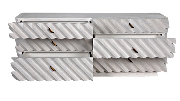 Noir Hikaru Dresser - Artisan-Crafted Six-Drawer Storage with Dynamic Texture and Polished Brass Pulls White Wash GDRE247WH
