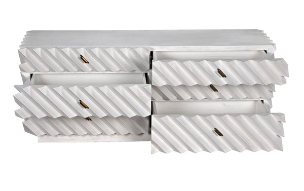 Noir Hikaru Dresser - Artisan-Crafted Six-Drawer Storage with Dynamic Texture and Polished Brass Pulls White Wash GDRE247WH