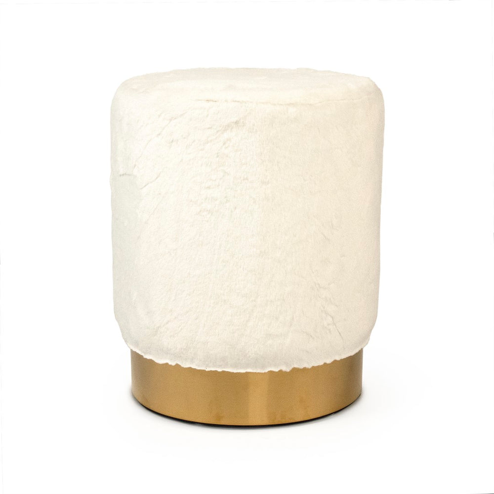 White Faux Fur Stool Metallic Gold, White Faux GH001-RW Zentique