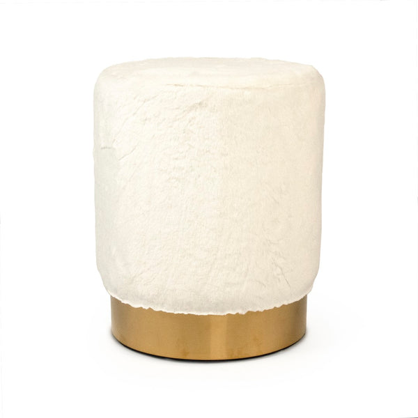 White Faux Fur Stool Metallic Gold, White Faux GH001-RW Zentique