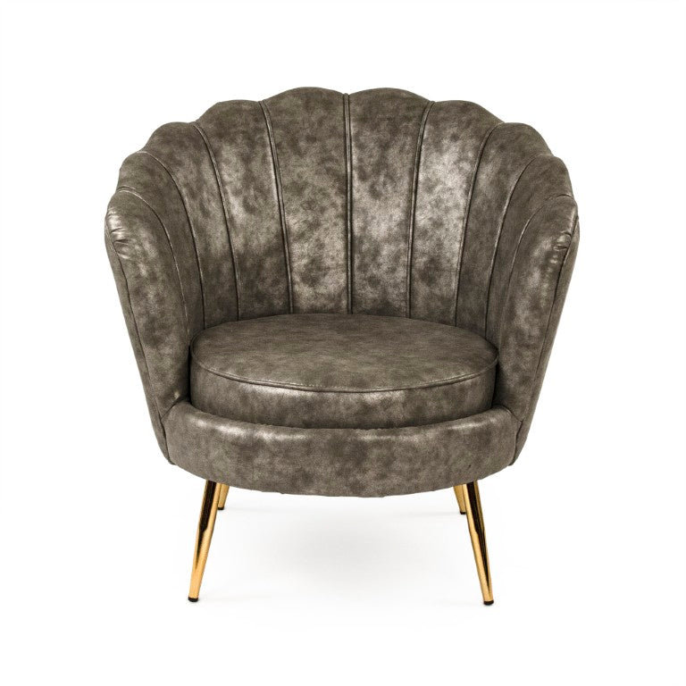 Zentique Grey PU Tufted Tub Chair with Curved Back, Metal Frame, Spill-Resistant Faux Leather Accent Seat GH003-PU