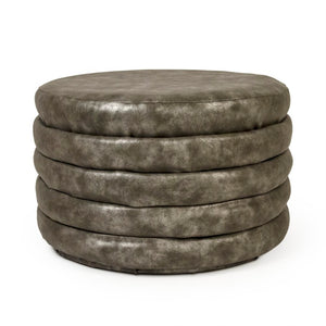 Zentique Distressed Grey PU Ottoman with Vintage Look, Compact Footrest & Extra Seat, Durable Foam Support GH005-PU