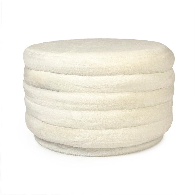 Zentique White Faux Fur Ottoman — Plush Round Footstool, Compact W20.5 x H12.5, Cozy Seat & Chic Accent Piece GH005-RW