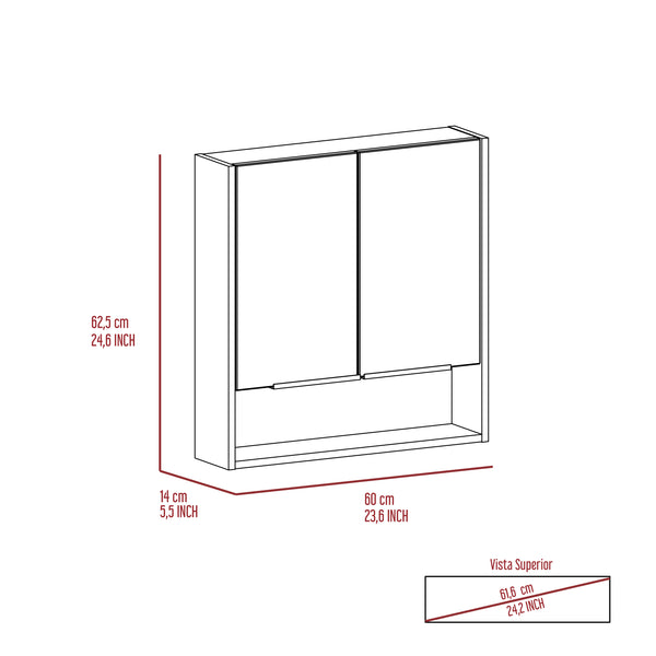 English Elm Jaspe Mirror Cabinet with 3 Internal Shelves and Open Shelf, Double Door Vanity Storage, Sleek Particleboard Design White 28.3 L x 22.4 W x 5.5 H B20091916