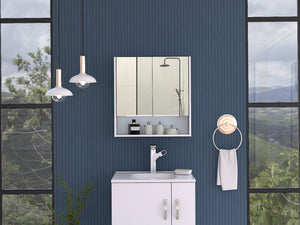 English Elm Jaspe Mirror Cabinet with 3 Internal Shelves and Open Shelf, Double Door Vanity Storage, Sleek Particleboard Design White 28.3 L x 22.4 W x 5.5 H B20091916