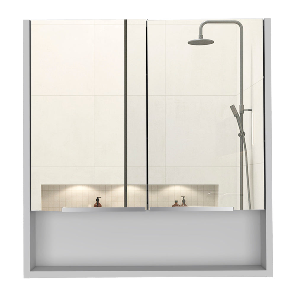 English Elm Jaspe Mirror Cabinet with 3 Internal Shelves and Open Shelf, Double Door Vanity Storage, Sleek Particleboard Design White 28.3 L x 22.4 W x 5.5 H B20091916