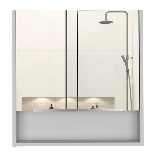 English Elm Jaspe Mirror Cabinet with 3 Internal Shelves and Open Shelf, Double Door Vanity Storage, Sleek Particleboard Design White 28.3 L x 22.4 W x 5.5 H B20091916