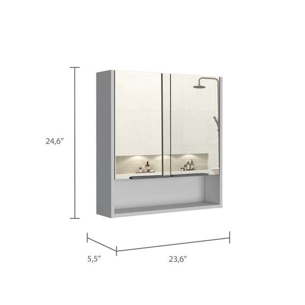 English Elm Jaspe Mirror Cabinet with 3 Internal Shelves and Open Shelf, Double Door Vanity Storage, Sleek Particleboard Design White 28.3 L x 22.4 W x 5.5 H B20091916