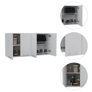 English Elm 120 Wall Cabinet with 4 Doors & Dual Compartments, Metal Dish Rack, Removable Shelves, Space-Saving Storage White 51.2 L x 17.3 W x 3.1 H B07091818